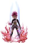  1girl armor boots dragon_ball dragon_ball_heroes fire forte_(dragon_ball) gloves kotons long_hair mole mole_under_mouth monkey_tail pink_eyes pink_hair ponytail solo super_saiyan_god tail thigh-highs white_background 
