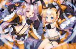  2girls :d :o adapted_costume animal animal_ear_fluff animal_ears animal_on_head arm_up azur_lane bare_shoulders bare_tree bell bell_collar belt belt_buckle black_cat black_collar black_footwear black_hairband black_hat black_jacket black_ribbon black_shorts black_skirt blonde_hair blue_eyes blush boots bow brown_hair buckle candy candy_wrapper cat cat_ears cat_girl cat_on_head cat_tail collar collared_shirt commentary_request food garter_straps ghost gloves hair_bow hair_ornament hair_ribbon hairband halloween_basket hat hat_bow hobby_(azur_lane) jacket jingle_bell kalk_(azur_lane) kemonomimi_mode kurot latin_cross lollipop long_hair long_sleeves looking_at_viewer midriff multicolored_hair multiple_girls navel on_head open_clothes open_jacket open_mouth orange_belt orange_bow orange_legwear parted_lips paw_gloves paws pleated_skirt pumpkin red_eyes ribbon see-through shirt short_shorts shorts sitting skirt sleeveless sleeveless_shirt sleeves_past_fingers sleeves_past_wrists smile standing standing_on_one_leg streaked_hair tail thigh-highs tombstone tree twintails twitter_username two_side_up very_long_hair white_hair white_shirt wide_sleeves witch_hat 