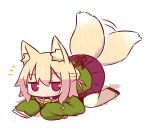  1girl afterimage animal_ears bangs bell bell_collar blonde_hair blush brown_collar brown_footwear closed_mouth collar eyebrows_visible_through_hair fox_ears fox_girl fox_tail full_body green_shirt hair_between_eyes jingle_bell kemomimi-chan_(naga_u) long_sleeves looking_at_viewer naga_u notice_lines original pleated_skirt purple_skirt red_eyes ribbon-trimmed_legwear ribbon_trim school_uniform serafuku shirt skirt sleeves_past_fingers sleeves_past_wrists solo tail tail_wagging thigh-highs white_background white_legwear zouri 