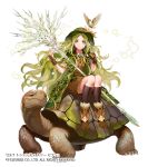  1girl 23/7 bird bird_nest black_legwear blue_eyes boots brown_footwear brown_gloves brown_skirt clenched_hand copyright_name fingerless_gloves flower full_body gloves green_coat green_hair green_hat hair_flower hair_ornament hat jewelry kneehighs long_hair looking_at_viewer official_art sidesaddle simple_background sitting skirt smile solo tortoise turtle watermark weapon white_background yuzu_shio 