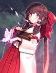  1girl :o alternate_costume alternate_hairstyle blurry blurry_background blush bow braid brown_hair bug butterfly detached_sleeves dutch_angle eyebrows_visible_through_hair hair_bow hair_tubes hakama_skirt hakurei_reimu highres insect japanese_clothes long_hair miko night obi outdoors ponytail red_bow red_eyes red_skirt sash shiny shiny_hair sidelocks skirt solo touhou usamata very_long_hair wide_sleeves 