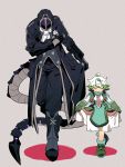  1boy 1girl black_coat black_gloves blush bondrewd boots collared_coat curtsey full_body gloves green_hair heart helmet made_in_abyss multicolored_hair neckerchief prushka saiko67 smile standing tail white_hair 