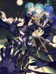  3others absurdres androgynous aqua_eyes aqua_hair artist_request bangs blue_eyes blue_hair blunt_bangs blurry blurry_background closed_eyes colored_eyelashes crack crying crying_with_eyes_open crystal_hair dual_persona elbow_gloves full_moon gem_uniform_(houseki_no_kuni) gloves gold golden_arms grabbing green_eyes green_hair hands highres houseki_no_kuni hug lapis_lazuli_(houseki_no_kuni) long_hair looking_at_viewer moon multiple_others necktie phosphophyllite sad_smile short_hair smile tears thigh-highs tsuki_jin 