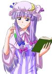  1girl alternate_color blue_bow blue_ribbon book bow commentary_request cowboy_shot crescent crescent_moon_pin graphite_(medium) hair_bow hat hat_ribbon highres light_smile long_hair mechanical_pencil open_book patchouli_knowledge pencil potion purple_bow purple_hair purple_ribbon raised_eyebrow ribbon shino-puchihebi simple_background smile solo test_tube touhou traditional_media upper_body very_long_hair violet_eyes white_background 