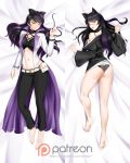  1girl alfred_cullado animal_ears ass barefoot bed_sheet belt black_bow black_bra black_hair black_panties black_pants blake_belladonna bow bra brown_eyes cat_ears cat_tail dakimakura from_behind full_body groin hair_bow highres jacket long_hair long_sleeves looking_at_viewer looking_back lying makeup mascara midriff navel on_back on_stomach open_clothes open_jacket open_mouth panties pants patreon_logo patreon_username rwby soles solo stomach tail underwear watermark white_jacket 