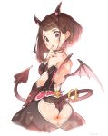  1girl :o ass ass_cutout backless_dress backless_outfit bangs bare_shoulders bat_wings black_dress black_wings blush boku_no_hero_academia breasts brown_eyes brown_hair demon_horns demon_tail detached_sleeves dress earrings fingernails from_behind halloween_costume hand_on_own_shoulder head_tilt heart heart-shaped_pupils heart_earrings heart_print highres horns jewelry looking_at_viewer looking_back medium_breasts medium_hair nail_polish print_dress red_nails ryota_(ry_o_ta) sharp_fingernails shiny shiny_hair shiny_skin sidelocks signature simple_background solo standing strapless strapless_dress swept_bangs symbol-shaped_pupils tail tail_ring uraraka_ochako white_background wings 