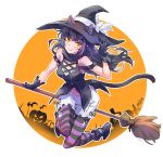  1girl animal_ears arm_ribbon bare_shoulders black_hair blake_belladonna bow broom cat_ears cat_tail coattails halloween hat hat_bow highres iesupa legwear_under_shorts long_hair midriff ribbon rwby shirt shorts sleeveless sleeveless_shirt solo tail vest white_bow witch witch_hat yellow_eyes 