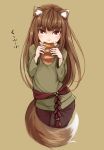  1girl animal_ears bangs black_pants blush bread brown_background brown_hair eating food green_shirt holo kazaguruma long_hair looking_at_viewer pants red_eyes shirt solo spice_and_wolf standing tail very_long_hair wolf_ears wolf_tail 