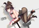  1girl absurdres animal_ears ass azur_lane black_hair black_legwear black_leotard black_neckwear bow bowtie breasts brown_eyes bunny_girl bunny_tail bunnysuit character_name cleavage detached_collar full_body hair_bow hair_flaps hawood highres large_breasts leotard long_hair pantyhose ponytail rabbit_ears solo stool strapless strapless_leotard table tail takao_(azur_lane) thighs white_bow wrist_cuffs 