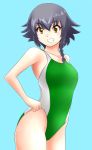  1girl absurdres bangs black_hair blue_background braid brown_eyes collarbone commentary_request competition_swimsuit cowboy_shot flat_chest girls_und_panzer green_swimsuit grin highres looking_at_viewer nanao_futaba one-piece_swimsuit pepperoni_(girls_und_panzer) short_hair side_braid simple_background smile solo standing swimsuit 