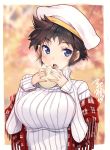  1girl artist_name bangs baozi beret black_hair blue_eyes blush breasts dated eating eyebrows_visible_through_hair food hat large_breasts open_mouth original ribbed_sweater school_uniform shawl short_hair signature sleeves_past_wrists solo sweater teeth tsurugi_hagane upper_body white_sweater 
