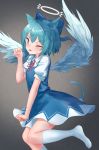  1girl :p angel_wings animal_ears bangs blue_bow blue_dress blue_eyes blue_hair bow breasts cat_ears cat_tail cirno clenched_hand commentary_request dress eyebrows_visible_through_hair feet_out_of_frame grey_background hair_between_eyes hair_bow halo hand_up highres kemonomimi_mode leg_up looking_at_viewer neck_ribbon no_shoes one_eye_closed paw_pose pinafore_dress puffy_short_sleeves puffy_sleeves red_neckwear red_ribbon ribbon roke_(taikodon) shirt short_hair short_sleeves small_breasts smile solo tail thighs tongue tongue_out touhou white_shirt wings 