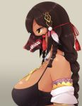  1girl azur_lane bangs bare_shoulders braid breasts brown_eyes brown_hair dark_skin detached_sleeves eyebrows_visible_through_hair grey_background hair_between_eyes hair_ornament jewelry kanda_(kvzs4332) large_breasts long_hair looking_away native_american pendant profile sharp_teeth short_sleeves side_braid simple_background solo south_dakota_(azur_lane) teeth upper_body 