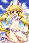  1girl :d absurdres armpits arms_up ball barefoot beach beachball bikini blonde_hair blue_ribbon blue_sky blush bow breasts cleavage clouds collarbone day eyebrows_visible_through_hair fate_testarossa floating_hair frilled_bikini frills fujima_takuya groin hair_between_eyes hair_bow highres kneeling long_hair looking_at_viewer lyrical_nanoha mahou_shoujo_lyrical_nanoha navel open_mouth outdoors red_eyes ribbon side-tie_bikini sky small_breasts smile solo swimsuit very_long_hair white_bikini white_bow 