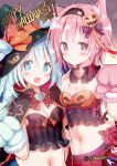  2018 2girls animal_ears aqua_eyes aqua_hair artist_name bare_shoulders black_hairband blush bow bowtie breasts cape cat_ears commentary_request detached_collar eyebrows_visible_through_hair flower frills givuchoko gloves hair_intakes hairband halloween hand_up happy_halloween hat hat_bow hat_ribbon headband heart jack-o&#039;-lantern kemonomimi_mode komeiji_koishi komeiji_satori looking_at_viewer midriff multiple_girls navel paw_gloves paw_pose paws pink_eyes pink_hair polka_dot ribbon rose siblings side-by-side sisters skirt small_breasts smile star star_print striped touhou witch_hat 