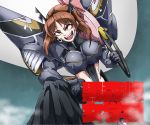  1girl anglerfish armor armored_dress background_text bangs black_bodysuit black_legwear bodysuit boots brown_eyes brown_hair cosplay detached_leggings evil_smile eyebrows_visible_through_hair gauntlets girls_und_panzer gloves grey_gloves hand_on_own_leg headgear highleg holding holding_sword holding_weapon junketsu junketsu_(cosplay) kill_la_kill leaning_forward long_sleeves looking_at_viewer nishizumi_miho open_mouth parody pauldrons revealing_clothes scissor_blade short_hair smile solo standing sword v-shaped_eyebrows wani02 weapon white_footwear 