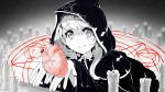  1girl bangs blush candle closed_mouth commentary_request eyebrows_visible_through_hair giving greyscale hands_up heart_(organ) highres hood inktober kintsao long_hair looking_at_viewer magic_circle monochrome original robe smile solo 