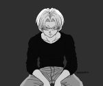  1boy artist_name black_shirt denim dragon_ball dragonball_z elbows_on_knees expressionless frown grey_background greyscale jeans long_sleeves looking_at_viewer male_focus monochrome pants ringoaomushi serious shaded_face shirt short_hair simple_background spread_legs trunks_(dragon_ball) upper_body 