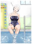 1girl absurdres breasts chestnut_mouth collarbone commentary_request competition_swimsuit head_tilt highres kakitama large_breasts mole mole_under_eye one-piece_swimsuit open_mouth original pool_ladder poolside sleeping soaking_feet solo swim_cap swimsuit watch watch water wet zzz 