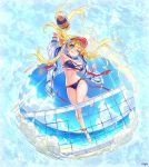  ancient_killers_(phantom_of_the_kill) aqua_eyes artist_request bikini blonde_hair blue_sky bracelet breasts clouds cloudy_sky dress gisla_(phantom_of_the_kill) hair_between_eyes jacket jewelry jumping large_breasts looking_at_viewer motion_lines navel ocean official_art one_eye_closed phantom_of_the_kill scrunchie sky sun sundress swimsuit twintails visor_cap volleyball volleyball_net 