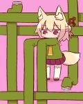  1girl animal_ear_fluff animal_ears bangs blonde_hair blush chibi eyebrows_visible_through_hair fox_ears fox_girl fox_tail green_shirt hair_between_eyes hair_bun hair_ornament kemomimi-chan_(naga_u) long_hair long_sleeves naga_u orange_neckwear original pink_background pleated_skirt purple_skirt red_eyes red_footwear ribbon-trimmed_legwear ribbon_trim shirt sidelocks skirt sleeves_past_fingers sleeves_past_wrists solo standing tail thigh-highs white_legwear zouri 