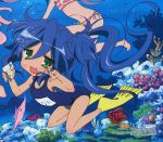  air_bubble bubble coral fish flippers highres izumi_konata lucky_star megami official_art one-piece pinup scan school_swimsuit star star_print swimsuit underwater water yamada_naoko 