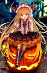  1girl :d animal bamboo_broom bangs bat bat_wings blonde_hair blurry blurry_background boots bow broom brown_bow brown_footwear brown_skirt brown_vest building candy commentary_request cross-laced_footwear depth_of_field eyebrows_visible_through_hair fang fingernails flower food frills full_body glowing granblue_fantasy halloween hand_up head_tilt head_wings high_heel_boots high_heels highres holding holding_food holding_lantern holding_lollipop jack-o&#039;-lantern lace-up_boots lantern lollipop long_hair marisayaka nail_polish night open_mouth outdoors pantyhose pleated_skirt pointy_ears puffy_short_sleeves puffy_sleeves red_eyes red_flower red_nails red_rose red_wings rose shingeki_no_bahamut shirt short_sleeves sitting skirt smile solo striped striped_legwear swirl_lollipop vampy very_long_hair vest white_shirt window wings 