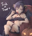  1girl armchair bangs black_footwear black_panties black_skirt blush boots breasts candy chair cleavage collarbone commentary crop_top curled_horns demon_girl demon_wings english_commentary eyebrows_visible_through_hair food gabriel_dropout hair_between_eyes hair_ornament hairclip hallelujah_essaim halloween highres hikari_niji holding holding_food holding_lollipop jack-o&#039;-lantern leg_belt legs_crossed licking lollipop looking_at_viewer medium_breasts midriff navel o-ring o-ring_top panties pleated_skirt purple_hair sitting skirt solo tongue tongue_out trick_or_treat tsukinose_vignette_april twitter_username underwear violet_eyes wings x_hair_ornament 