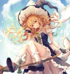  1girl bangs bare_legs belt black_footwear black_gloves black_hat blonde_hair bloomers blue_sky bobby_socks bow braid breasts broom broom_riding clouds day fingerless_gloves floating_hair frills gloves green_bow green_ribbon hair_bow hat hat_bow highres kirisame_marisa long_hair looking_at_viewer minyumim outdoors parted_lips ribbon ribbon-trimmed_sleeves ribbon_trim sash shoe_soles shoes short_sleeves side_braid sitting sky small_breasts smile socks solo sunlight touhou underwear white_bow white_legwear wind witch_hat yellow_eyes 