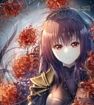  1girl bangs black_bodysuit blush bodysuit breasts commentary_request eyebrows_visible_through_hair fate/grand_order fate_(series) flower hair_between_eyes haneru head_tilt long_hair looking_at_viewer medium_breasts parted_lips pauldrons purple_hair rain red_eyes red_flower ripples scathach_(fate)_(all) scathach_(fate/grand_order) solo spider_lily upper_body veil water 