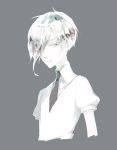  1other androgynous antarcticite blue_eyes colored_eyelashes crystal_hair expressionless eyebrows_visible_through_hair eyes_visible_through_hair gem_uniform_(houseki_no_kuni) grey_background hair_over_one_eye houseki_no_kuni long_bangs looking_at_viewer necktie s06y02 short_hair silver_hair solo upper_body white_hair white_skin 