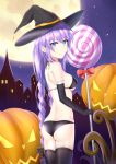  1girl ass black_bra black_gloves black_legwear black_panties blue_eyes bra braid breasts candy cowboy_shot elbow_gloves food from_behind full_moon gloves hair_between_eyes hair_ribbon halloween halloween_costume hat jack-o&#039;-lantern lollipop long_hair looking_at_viewer looking_back medium_breasts moon muwa12 neptune_(series) night night_sky outdoors panties power_symbol pumpkin purple_hair purple_heart ribbon sideboob skindentation sky smile solo star_(sky) starry_sky symbol-shaped_pupils thigh-highs twin_braids twintails under_boob underwear very_long_hair witch witch_hat 