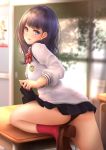  1girl anakin_sky_(utcc) black_panties black_skirt blue_eyes blue_hair blush cardigan chair classroom highres indoors leg_up long_hair long_sleeves panties pantyshot parted_lips pleated_skirt red_neckwear school_uniform skirt smile solo ssss.gridman table takarada_rikka underwear uniform 