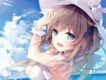  1girl :d arm_up bangs bare_shoulders blue_bow blue_eyes blue_sky blush bow breasts brown_hair clouds cloudy_sky commentary_request day dress eyebrows_visible_through_hair fingernails hair_between_eyes hair_bow hand_up hat horizon long_hair looking_at_viewer looking_to_the_side medium_breasts mochizuki_shiina ocean one_side_up open_mouth original outdoors sky sleeveless sleeveless_dress smile solo sun_hat sundress water white_dress white_hat wrist_cuffs 