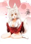  1girl animal_ears bangs bare_legs blush breasts cleavage collarbone commentary_request eyebrows_visible_through_hair fox_ears fox_tail hair_between_eyes heart holding_skirt japanese_clothes kohaku_(yua) large_breasts looking_at_viewer miko no_panties open_mouth oppai_loli original red_skirt shirt signature sitting skirt socks solo tail wariza white_hair white_legwear white_shirt yellow_eyes yua_(checkmate) 