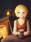  1girl bell blonde_hair blush brown_eyes cup drink fireplace indoors looking_at_viewer mug nora_arento short_hair smile solo spice_and_wolf staff table 