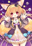  1girl :d animal_ears black_hat blonde_hair blue_bow blush bow candy dress flower_knight_girl food fox_ears fox_tail frills ghost hair_bow hairband halloween hane. hat hoop_skirt kitsune_no_botan_(flower_knight_girl) lollipop long_hair looking_at_viewer mini_hat mini_top_hat multiple_tails open_mouth outstretched_hand purple_bow red_eyes smile solo swirl_lollipop tail top_hat white_dress yellow_hairband 