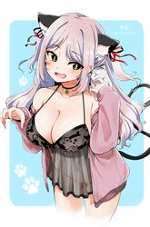  1girl :d animal animal_ears animal_on_shoulder babydoll bare_shoulders black_panties blue_background blush breasts cat_ears cat_girl cat_tail collarbone commentary_request eyebrows_visible_through_hair facial_mark green_eyes hair_ribbon highres kirikirimai_(kkm) large_breasts lavender_hair lingerie long_hair looking_at_viewer looking_to_the_side midriff navel open_mouth original panties paw_background paw_pose ribbon see-through smile solo tail thighs two_side_up underwear wavy_hair 