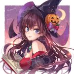  1girl ahoge bangs bare_shoulders black_gloves blue_eyes blush book border bow breasts brown_hair crescent_moon dress gloves hagiwara_rin hair_between_eyes halloween halloween_costume hat ichinose_shiki idolmaster idolmaster_cinderella_girls jack-o&#039;-lantern_ornament jewelry long_hair looking_at_viewer looking_to_the_side medium_breasts moon open_book pendant puffy_sleeves red_dress smile solo star starry_background tongue tongue_out white_border witch witch_hat 