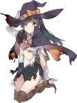  1girl asashio_(kantai_collection) black_cape black_hair black_legwear blue_eyes bow cape cropped_legs full_body gloves grey_skirt halloween hat kantai_collection konishi_(koconatu) long_hair official_art orange_bow pleated_skirt shirt skirt solo staff thigh-highs white_gloves white_shirt witch_hat 