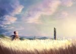  1girl blue_eyes clouds cloudy_sky day field green_capelet highres horns momiji_manjuu_(usagiblackmore) original outdoors red_scarf scarf scenery short_hair silver_hair sky solo standing 