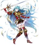  1girl armor bangs breastplate cape eirika fire_emblem fire_emblem:_seima_no_kouseki fire_emblem_heroes full_body gloves highres long_hair mayachise nintendo official_art short_sleeves shoulder_pads skirt solo thigh-highs transparent_background zettai_ryouiki 