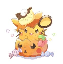  animal candy cherubi dedenne halloween jack-o-lantern jigglypuff may_(picca_) mouse nintendo no_humans pikachu pokemon pokemon_(creature) pokemon_xy pudding pumpkin simple_background star 