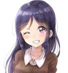  1girl bangs blue_hair blush brown_shirt collarbone collared_shirt commentary_request eyebrows_behind_hair eyebrows_visible_through_hair grin hair_down long_hair looking_at_viewer love_live! love_live!_sunshine!! matsuura_kanan one_eye_closed shirt simple_background sin_(sin52y) smile solo upper_body violet_eyes white_background 