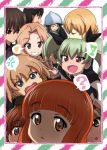  6+girls :d :o ? anchovy anger_vein angry anzio_school_uniform arm_behind_head bangs black_cape black_hat black_neckwear black_ribbon blonde_hair blue_eyes blue_hat blue_shirt border braid brown_eyes brown_hair cape closed_mouth commentary_request darjeeling diagonal_stripes dress_shirt drill_hair eighth_note emblem eyebrows_visible_through_hair fang frown girls_und_panzer green_hair grey_shirt grin hair_ribbon hat heart highres katyusha kay_(girls_und_panzer) keizoku_military_uniform kohinore kuromorimine_school_uniform light_brown_hair light_smile long_hair long_sleeves looking_at_another looking_at_viewer looking_back mika_(girls_und_panzer) multiple_girls musical_note necktie nishi_kinuyo nishizumi_maho nishizumi_miho odd_one_out open_mouth orange_eyes orange_hair parted_lips photobomb pink_border pose red_eyes ribbon school_uniform shimada_arisu shirt short_hair side_ponytail smile spoken_anger_vein spoken_heart spoken_musical_note spoken_question_mark standing striped sweatdrop takebe_saori tied_hair trait_connection twin_drills twintails v v-shaped_eyebrows white_shirt 