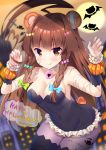  1girl ahoge animal_ears animal_print bandage bare_shoulders bat_print bear_ears bear_print bear_tail blue_ribbon blurry blurry_background braid breasts brown_eyes brown_hair building candy candy_hair_ornament cleavage closed_mouth commentary dated food food_themed_hair_ornament green_ribbon hair_ornament hair_ribbon halloween happy_halloween heart highres huge_ahoge kantai_collection ko_yu kuma_(kantai_collection) leotard long_hair looking_at_viewer moon ribbon solo star tail thigh-highs tongue tongue_out 