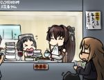  &gt;_&lt; +++ 3girls aoba_(kantai_collection) closed_eyes commentary_request cup dishes drinking_glass eating enemy_aircraft_(kantai_collection) flying_sweatdrops food glasses hamu_koutarou kantai_collection maru-yu_(kantai_collection) mochizuki_(kantai_collection) multiple_girls napkin sweat translated wavy_mouth wine_glass yamato_(kantai_collection) 