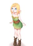  1girl absurdres bare_shoulders blonde_hair blue_eyes boots brown_footwear dress elf full_body green_dress highres minagawa_rei_(uru) open_mouth original pointy_ears short_dress short_hair simple_background smile solo strapless strapless_dress white_background 