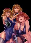  3girls ;p abs alice_margatroid bangs bare_shoulders black_background blonde_hair blue_eyes blue_leotard bottle breasts cleavage closed_mouth collarbone commentary_request cookie_(touhou) covered_navel eyebrows_visible_through_hair gloves grin gun hair_over_one_eye hairband handgun head_tilt highres hinase_(cookie) holding holding_gun holding_weapon jigen_(cookie) leotard licking_lips looking_at_viewer medium_breasts megafaiarou_(talonflame_810) multiple_girls muscle muscular_female one_eye_closed open_mouth orange_hair red_eyes red_hairband revolver sakuranbou_(cookie) simple_background smile sports_bra teeth thigh-highs tongue tongue_out touhou turtleneck violet_eyes weapon white_gloves white_legwear 