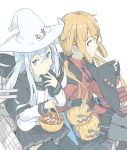  2girls anchor_necklace basket black_gloves black_hat black_legwear black_skirt blue_eyes brown_eyes brown_hair candy capelet commentary_request fingerless_gloves food gloves hair_ornament hairclip halloween_costume hammer_and_sickle hat hibiki_(kantai_collection) jack-o&#039;-lantern kantai_collection long_hair low_twintails multiple_girls ninimo_nimo pantyhose pleated_skirt pumpkin red_shirt remodel_(kantai_collection) rigging school_uniform serafuku shirt silver_hair skirt star tashkent_(kantai_collection) thigh-highs torpedo_tubes turret twintails untucked_shirt verniy_(kantai_collection) white_background white_hat witch_hat 